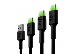 Set 3x cablu USB Green Cell GC Ray - USB-C 30cm, 120cm, 200cm, LED verde, încărcare rapidă Ultra Charge, QC 3.0