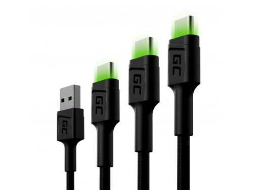 Set 3x Cablu USB-C Tip C 30cm, 120cm, 200cm LED Green Cell Ray cu încărcare rapidă, Ultra Charge, Quick Charge 3.0