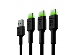 Set 3x cablu USB Green Cell GC Ray - USB-C 120cm, LED verde, încărcare rapidă Ultra Charge, QC 3.0