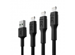 Set 3x cablu USB Green Cell GC Ray - Lightning 30cm, 120cm, 200cm pentru iPhone, iPad, iPod, LED alb, încărcare rapidă
