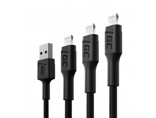 Set 3x cablu USB Green Cell GC Ray - Lightning 30cm, 120cm, 200cm pentru iPhone, iPad, iPod, LED alb, încărcare rapidă