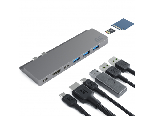 Adaptor HUB USB-C Green Cell 8 în 1 (Thunderbolt 3 HDMI USB SD microSD) pt MacBook Pro 13"-15" 2016-2019 MacBook Air 2018/2019