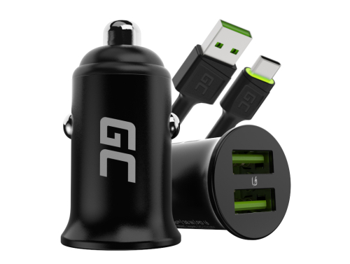 Green Cell încărcător auto USB PowerRide Nano36, 2x USB-A, 36W încărcare rapidă Ultra Charge + LED Cablu USB-C 120cm