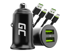 Green Cell încărcător auto USB PowerRide Nano36, 2x USB-A, 36W încărcare rapidă Ultra Charge + 2x LED Cablu USB-C 120cm
