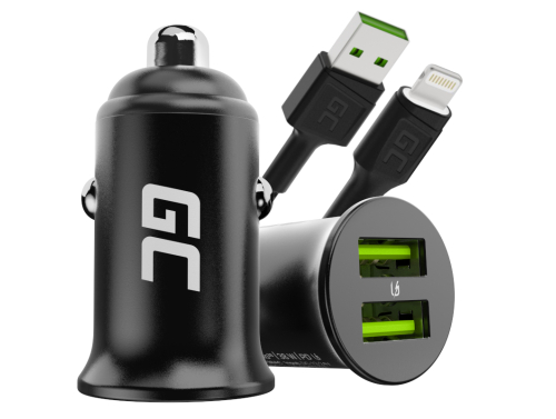Green Cell încărcător auto USB PowerRide Nano36, 2x USB-A, 36W încărcare rapidă Ultra Charge + LED Cablu Lightning 120cm