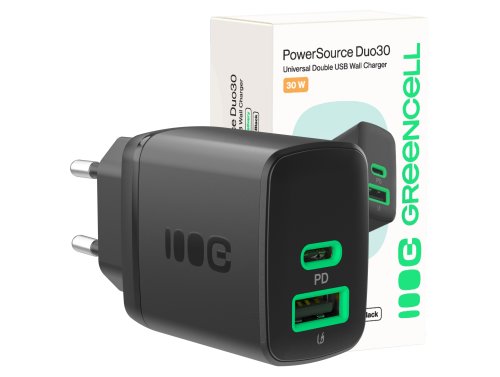 Green Cell PowerSource Duo30 încărcător USB/USB-C negru, adaptor de alimentare 30 W cu Power Delivery