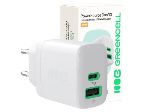Green Cell PowerSource Duo30 încărcător USB/USB-C alb, adaptor de alimentare 30 W cu Power Delivery