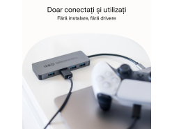 Adaptor Basic HUB Greencell USB-C 4in1 (4×USB-A 3.0) – transfer rapid până la 5 Gb/s, carcasă din aluminiu