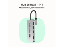 Adaptor Basic HUB Greencell USB-C 4in1 (4×USB-A 3.0) – transfer rapid până la 5 Gb/s, carcasă din aluminiu