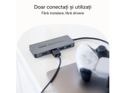 Adaptor Basic HUB Greencell USB-A 4in1 (4×USB 3.0) – transfer rapid până la 5 Gb/s, carcasă din aluminiu